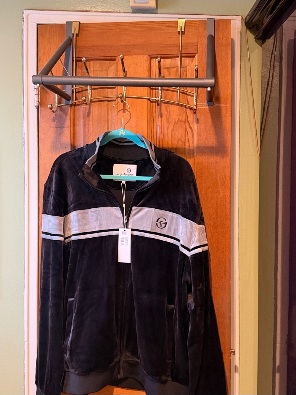 Black Velour Zip-Up Jacket with Gray Stripe
